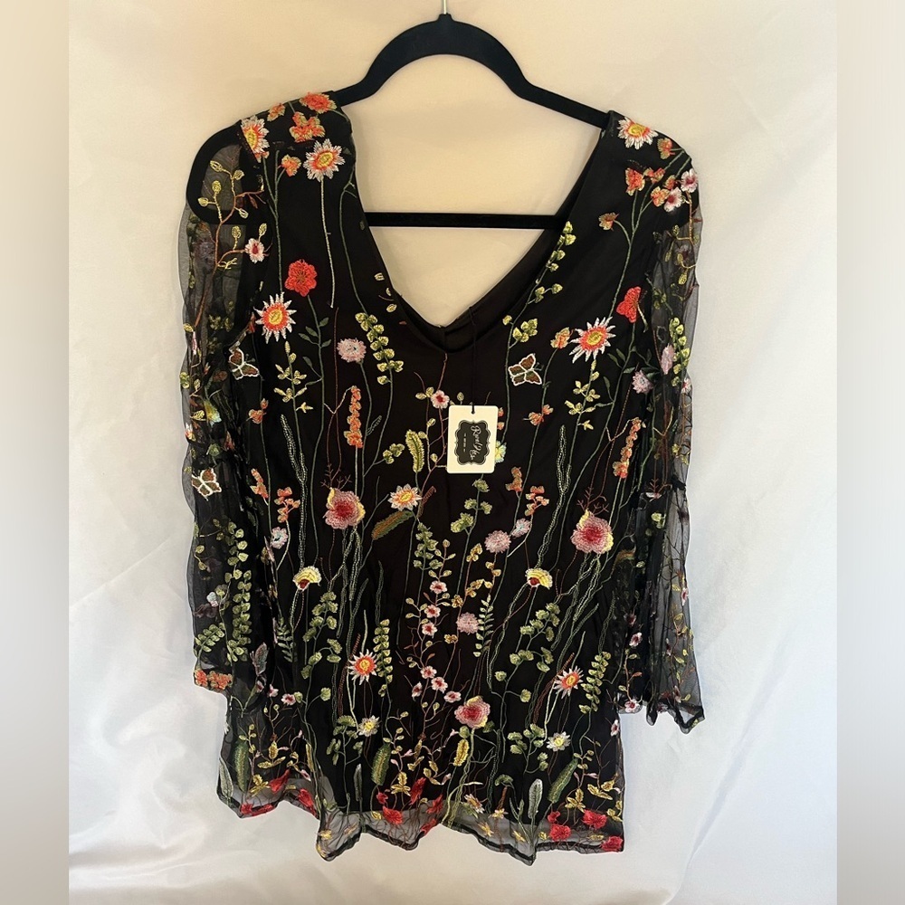 NWT She and Sky Colorful Embroidered Floral Fairy Dress, Black, M